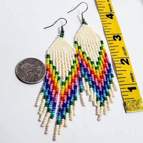 White Rainbow 🌈 Long Fringe Seed Bead Earrings - Picture 5 of 5